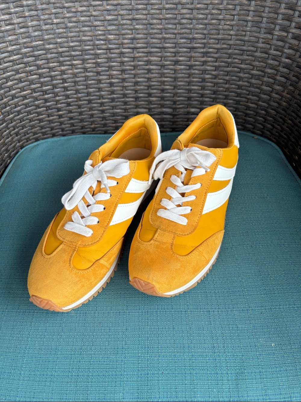 Women's Yellow Retro Lace-Up Sneakers with White Stripes